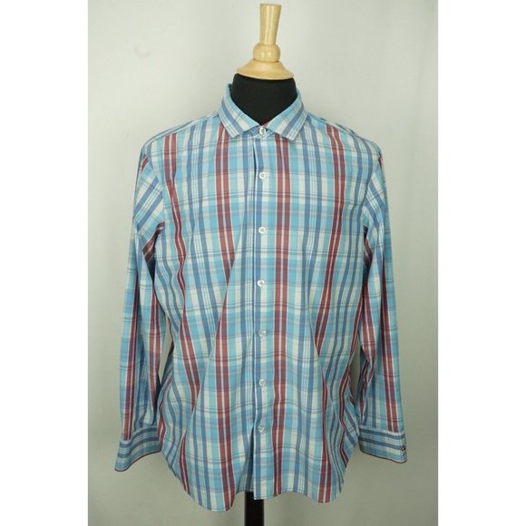 Mizzen + Main Blue Red Plaid Button Up Mens Shirt Standard Fit Sz L - Picture 4 of 6